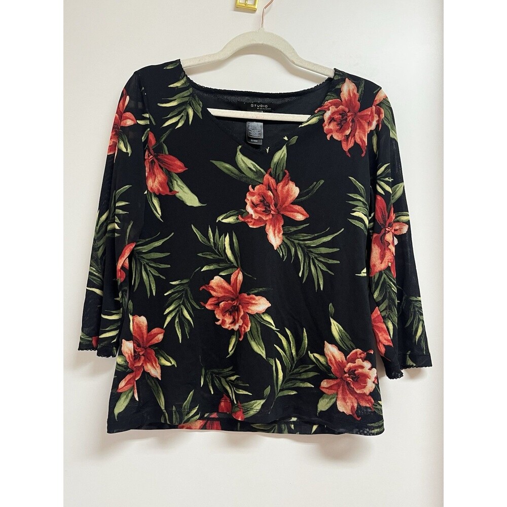 Vintage Y2K Studio By Liz Claiborne Floral Mesh top Black Tropical Hibiscus M
